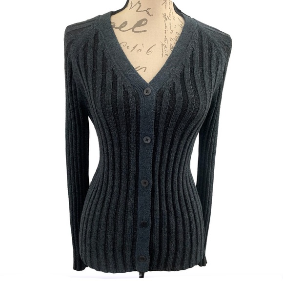 DKNY Classic Ribbed Long Sleeve V-Neck Button Front Cardigan Navy Blue Medium - Picture 1 of 5